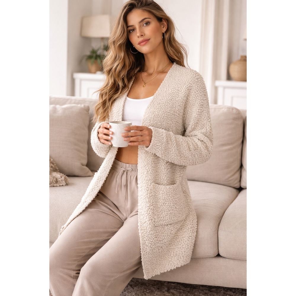 Oatmeal Boucle Popcorn Knit Open Front Cardigan Duster Cozy Weekend Neutral SZ L